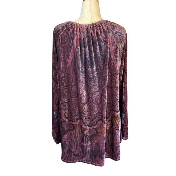 Unity World Wear Velvet Tunic Top Boho Paisley Print Lace Sequins Tie Neck 2X - Picture 3 of 6